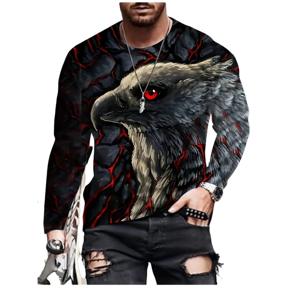 

3D Eagle Pattern Print T Shirt Mens Autumn Tops Round Neck Long Sleeve T-Shirts Vintage Clothes Oversized Tee Shirt Men's Shirts