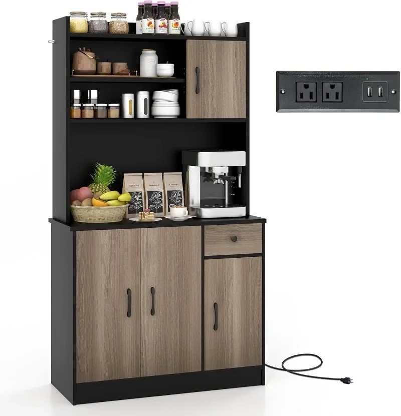 Kitchen Hutch Sideboard, Wood Kitchenware Server with Drawer, Shelf and Storage Cabinet (Black & Natural)