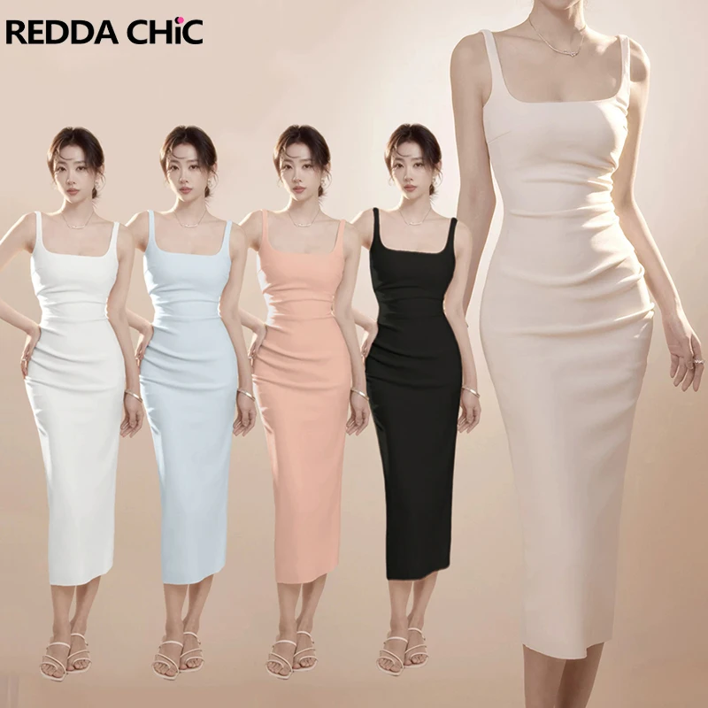 REDDACHiC Elegant Women Ruched Bodycon Dress Office Hotties Slim Fit Stretchy Square Neck Long Tank Dress Wedding Guest Clothes