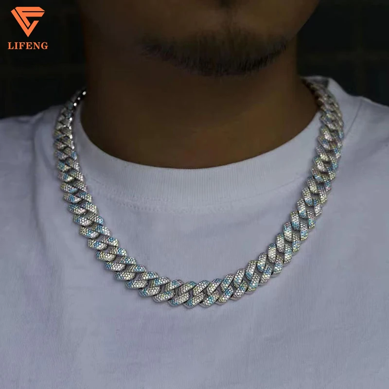 Custom Sparkling Luxury Hip Hop Jewelry Colored Necklace 925 Sliver Iced Out Moissanite Cuban Chain Link