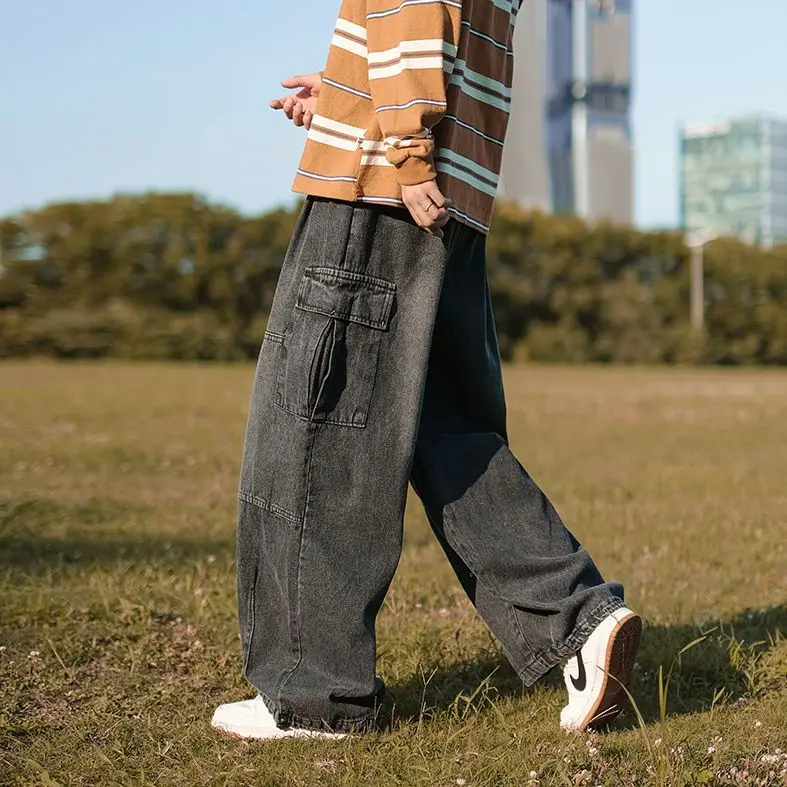 Pantalones vaqueros rectos a cuadros para hombre, vaqueros de cintura alta, pierna ancha, estilo Harajuku, moda coreana, ropa de calle