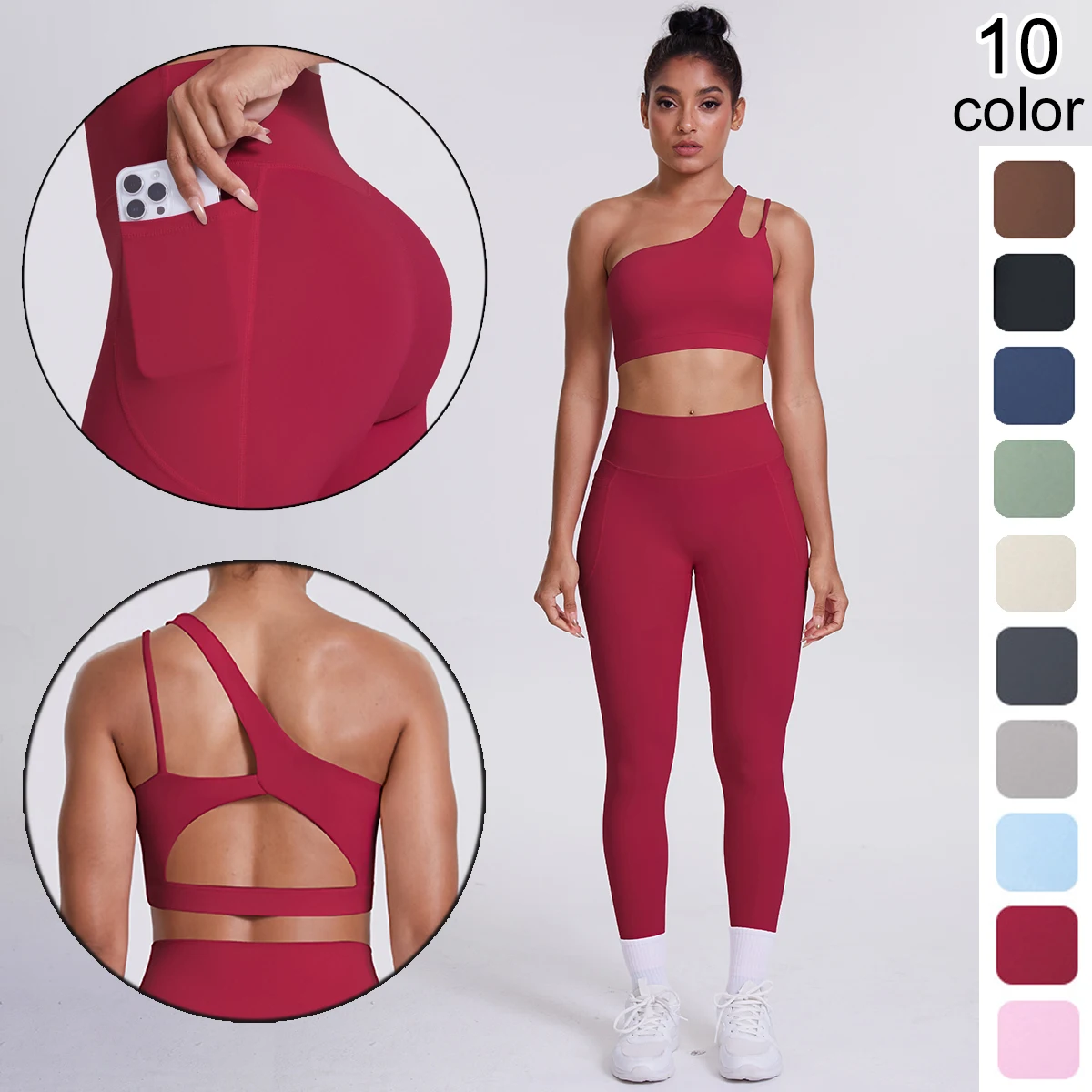 

2 шт., однотонный спортивный комплект для йоги для женщин, сексуальный бюстгальтер с наклонными плечами, топ для фитнеса, брюки с карманами для бега, велоспорта, комплект для йоги в тренажерном зале