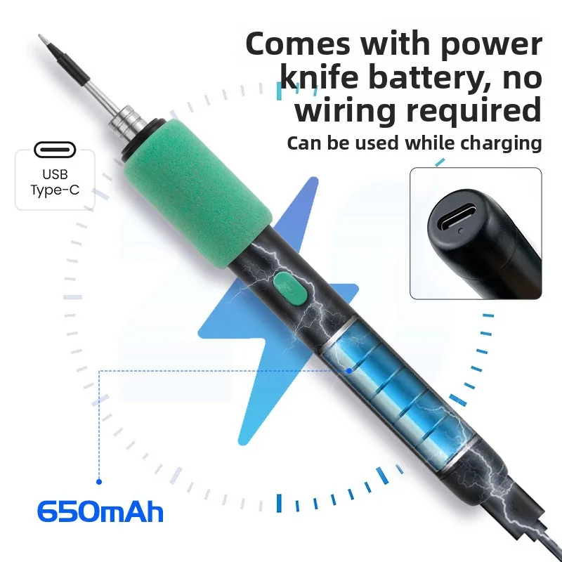 15W USB Type-C Cordless Soldering Iron with Fast Heating 3-Level Temp Control 650mAh Battery for DIY Repair Home Use