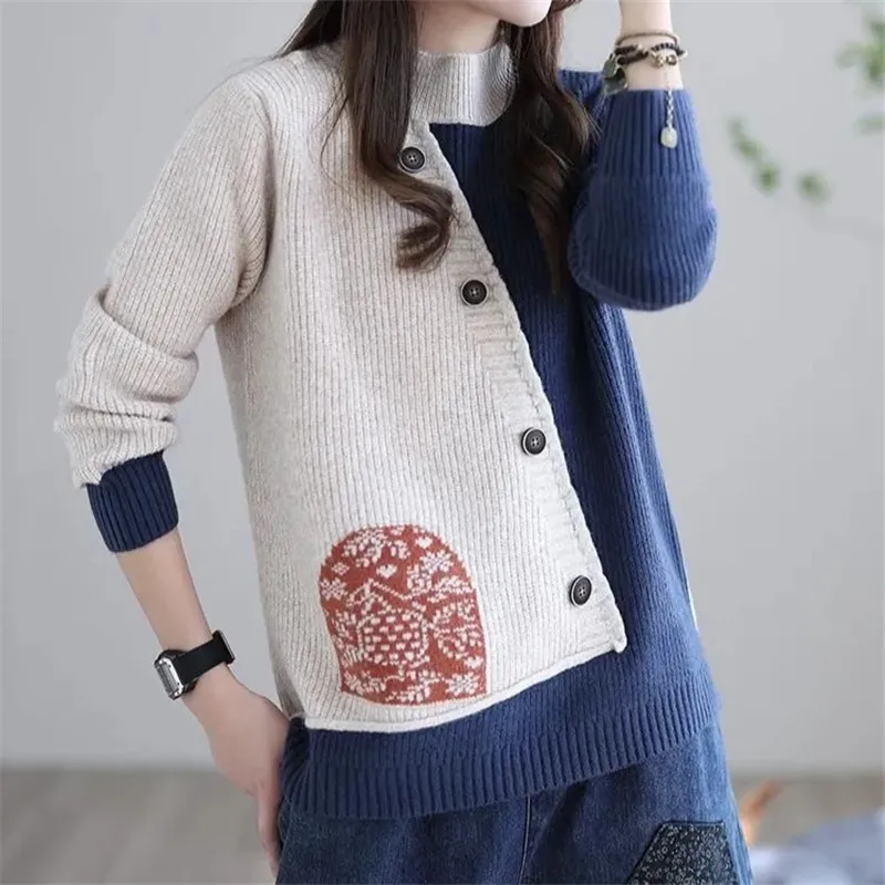 Splicing 2023 New Knitwear Keep Warm Ladies Jacket Woman Autumn And Winter Short Coat Female Long Sleeve Loose Sweater