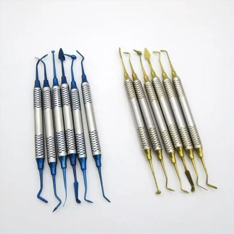 6Pcs/Set Dental Resin Filling Spatula Kit Blue Gold Titanium Coated Aesthetic Restoration Carver Double Ended Dentistry Kit 1Set