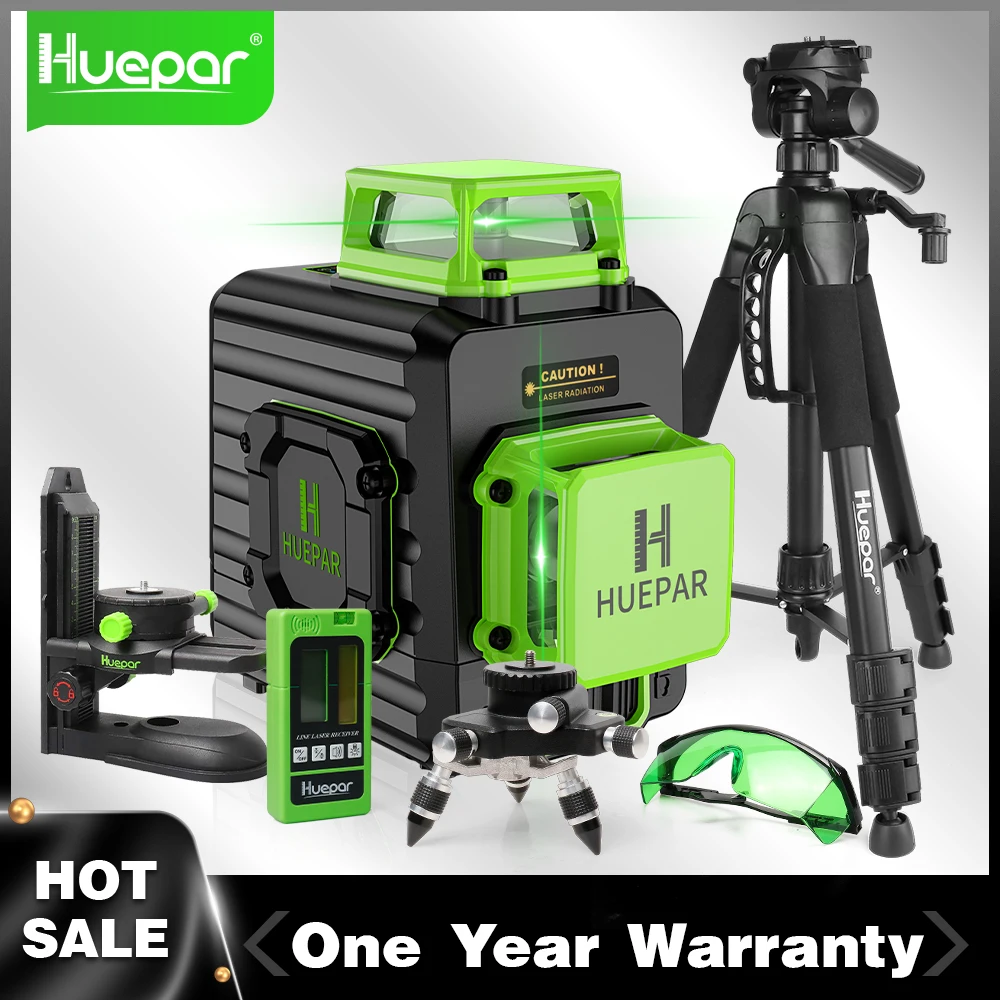 Huepar 8 Lines 2D Cross Line Green Beam Laser Level Self-leveling Horizontal & Vertical with Li-ion Battery Hard Carry Case