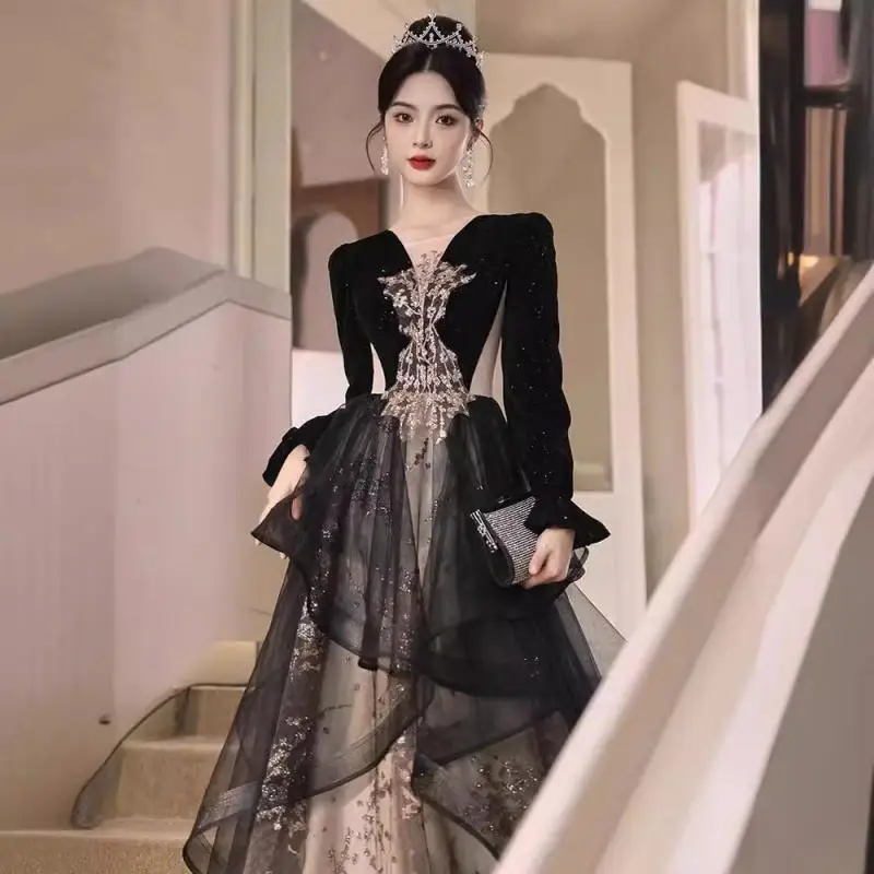 Black Evening Gown High-end Light Luxury Niche High-end Banquet Annual Meeting Graduation Photo Host Gown Customized