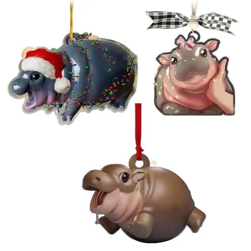 Christmas Hippo Ornament 2D Acrylic Cartoon Decorations Portable Home pendant Funny Party Favors for Tree Car Bedroom Living