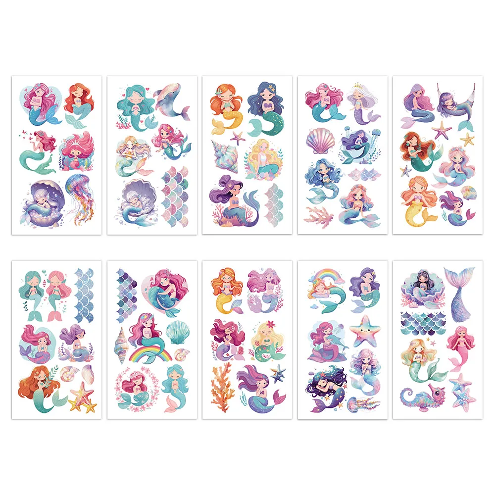 10PCS Mermaid Tattoo Stickers Exquisite Color Fake Tattoo Personalized Retro Tattoo Premium Waterproof Durable