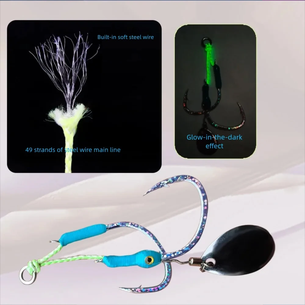 ตะขอจิ๊กกิ้งแบบมีตัวช่วย 2 คู่/ถุง ขนาด 1/0 2/0 3/0 4/0 ตะขอตกปลาแบบ UV เรืองแสง พร้อมขนตกปลา ตะขอจิ๊กกิ้งคู่ สำหรับปลาทูน่า ปลาบาส ปลาไพค์