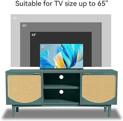 58”Rattan TV Stand, Mid Century Modern TV Stand for 55/60/65 inch TV,  Entertainment Center with Storage, Television Stands