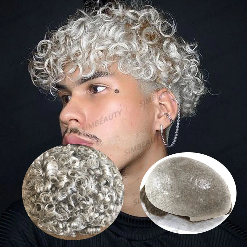 Platinum Blonde Customized 20mm Curly Human Hair Men's Toupee Super Thin 0.06-0.08mm Vlooped Full PU Skin Base Natural Hairline