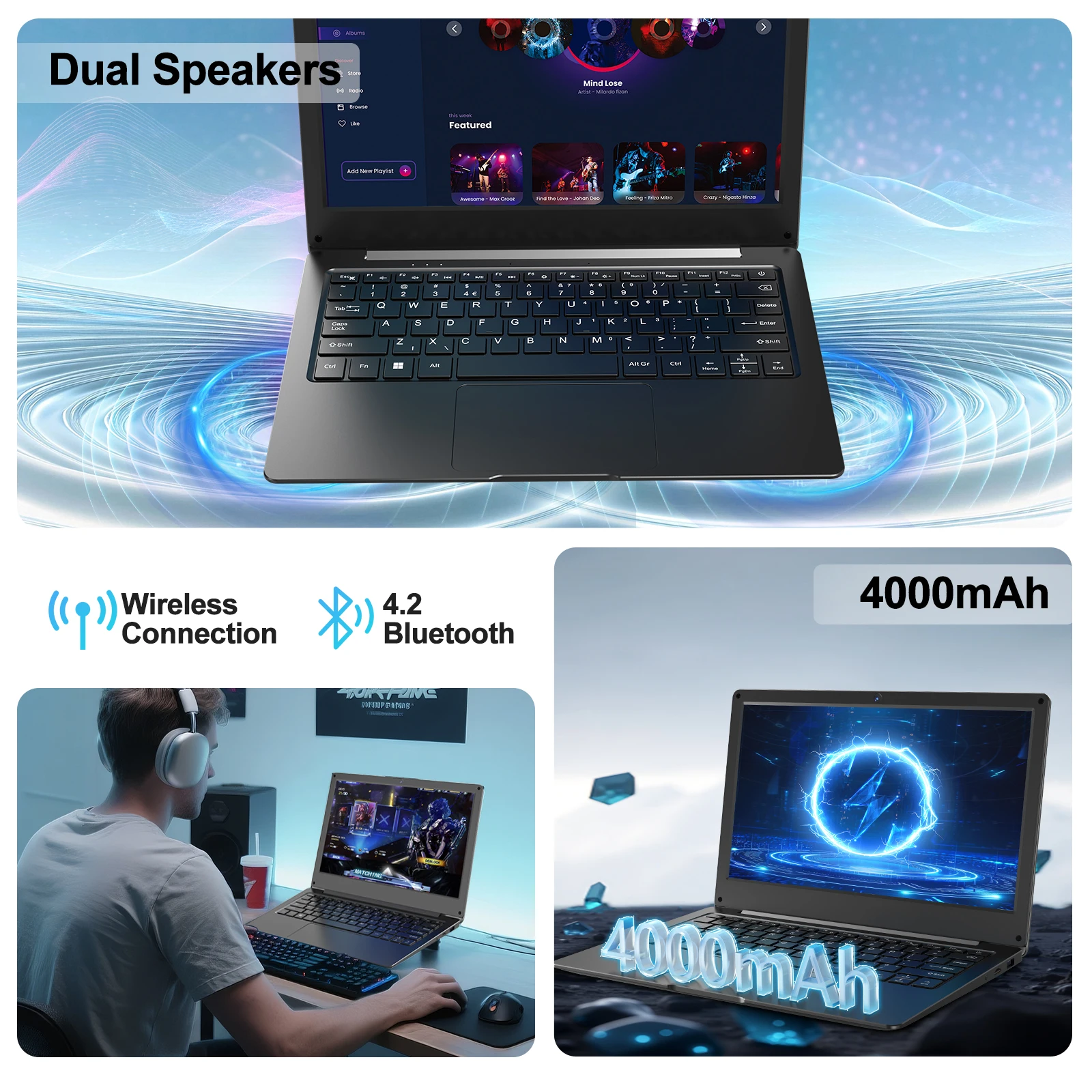 كمبيوتر محمول 11.6 بوصة، 4 جيجابايت من ذاكرة الوصول العشوائي، 64 جيجابايت من التخزين الداخلي، يدعم بطاقات ذاكرة TF حتى 512 جيجابايت، يدعم SSD، Bluetooth، WIFI