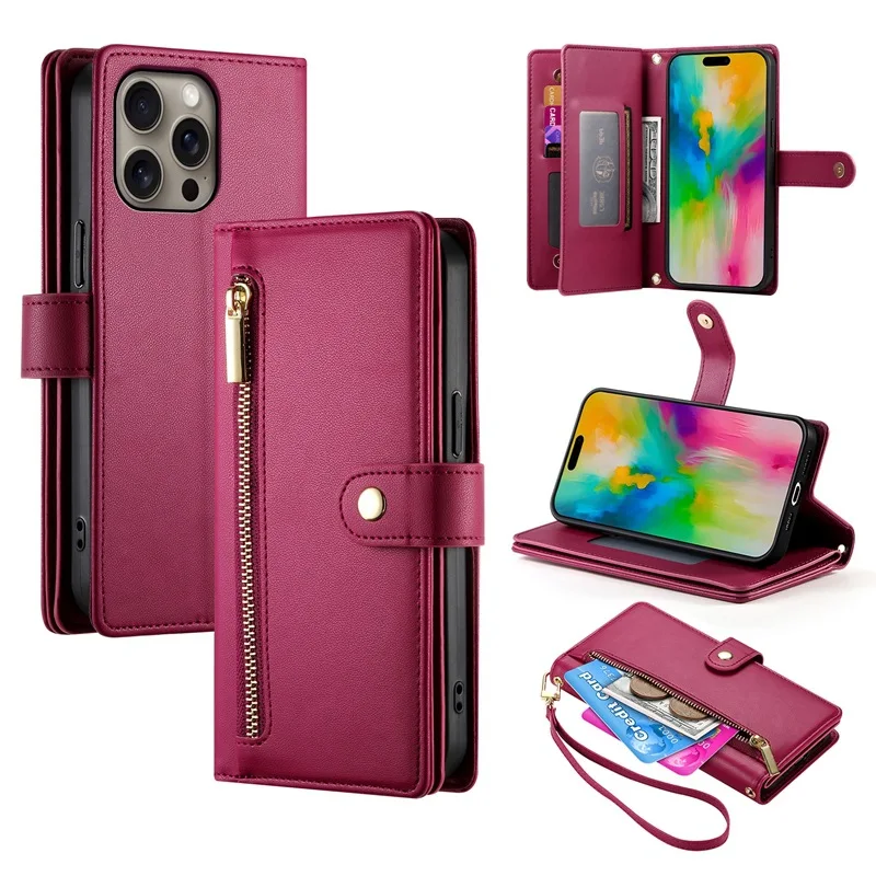 Zipper Crossbody Case For Samsung Galaxy A17 A07 A56 A36 A26 A55 A35 A25 A54 A34 Multi 9 Cards Leather Lanyard Wallet Flip Cover