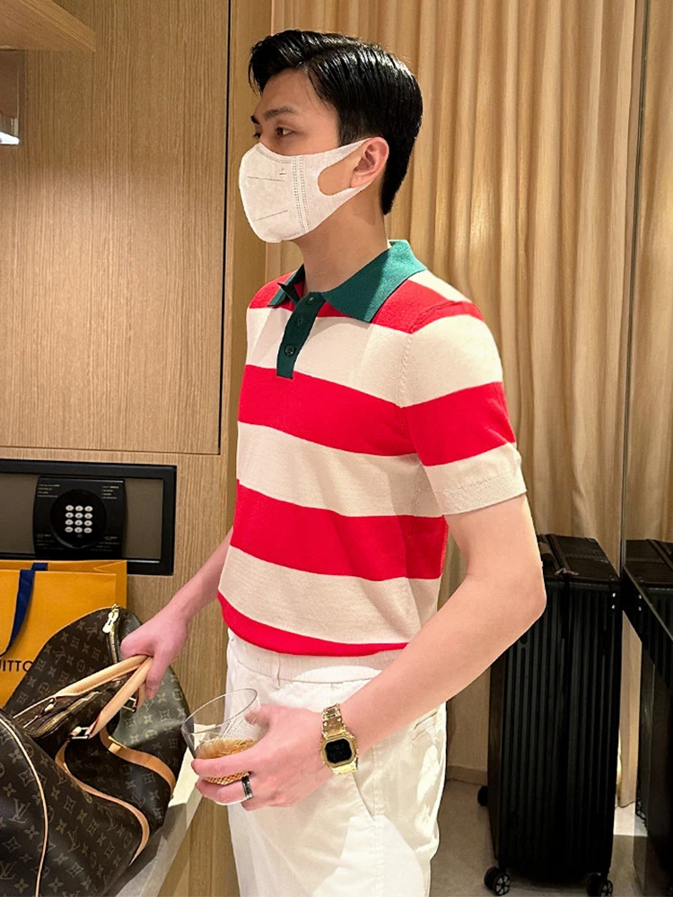 

Summer New Sle Slim Fit irt Men's ort Sve Turn-down Collar Cisas Color Blo Striped High Faion T-irt