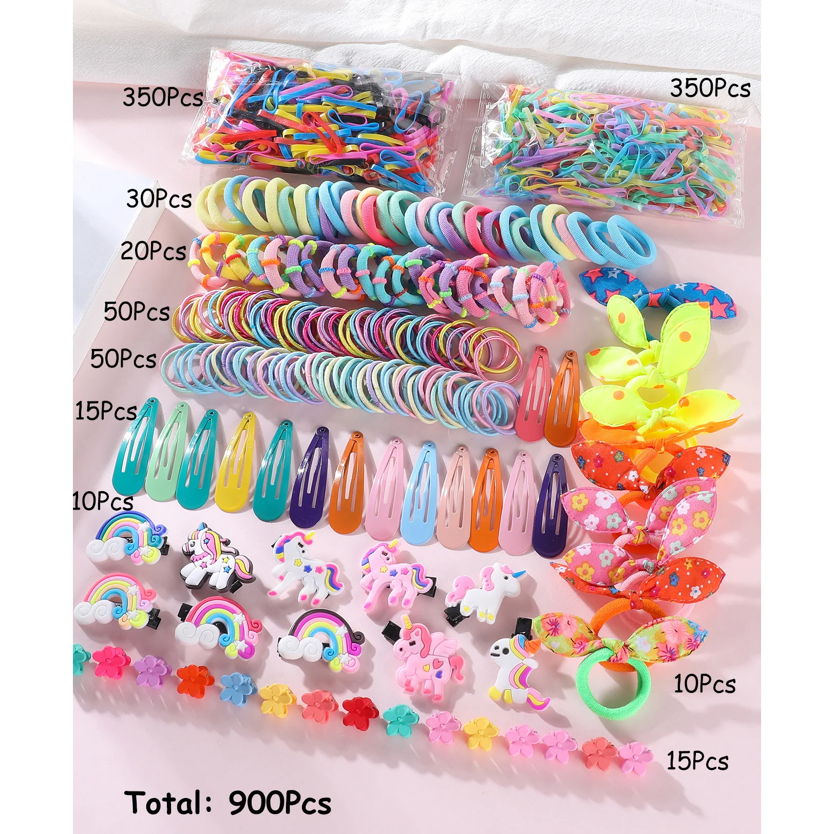 900Pcs Girls Hair Accessories Set Colorful Hair Band Children Hair Ties Cute Cartoon Hair Clips Kids Ponytail Rubber Band