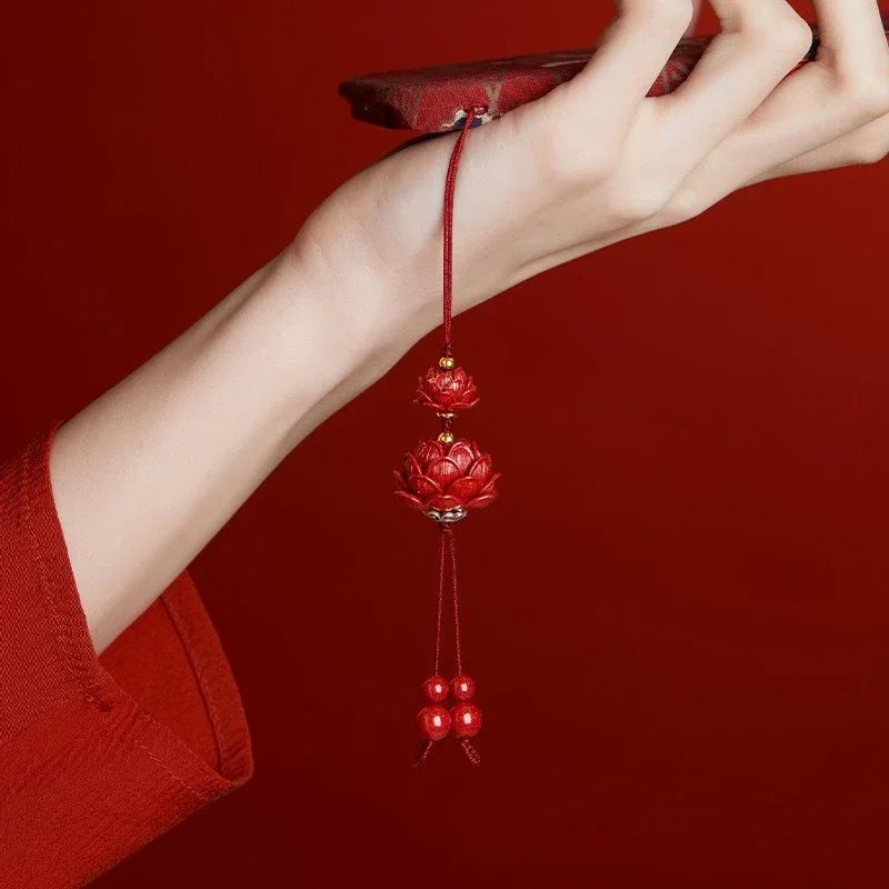 

Cinnabar Mobile Phone Hanging Accessories Rope Safe Lotus Phone Chain Car Keychain Pendant Couple Gift Accessories Room Decor