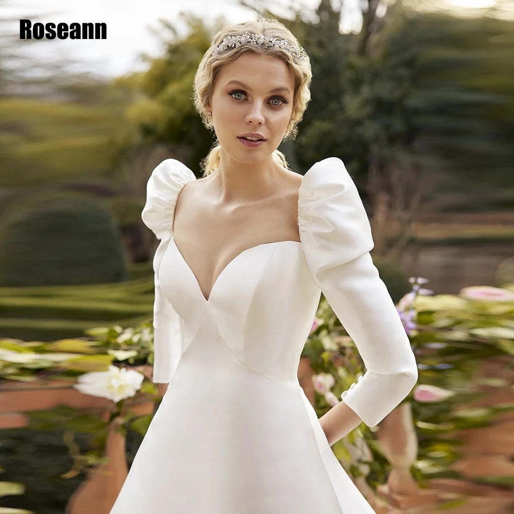 Robe de mariée simple à manches bouffantes et dos boutonné pour princesse, robe trapèze avec train de balayage, chérie, nouveau, 3/4