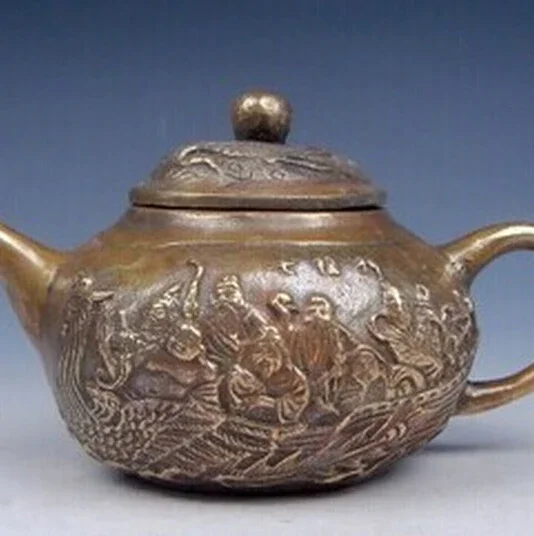 ---323+++ Vintage Brass Crafted Unique Teapot Immortals Riding Phoenix 2 Cranes On Cover