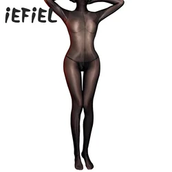 Womens Glossy Sheer Bodystocking Bodysuit Fully Head Hands Covering Crotchless See-Through Tempting Teddies Lingerie Nightwear