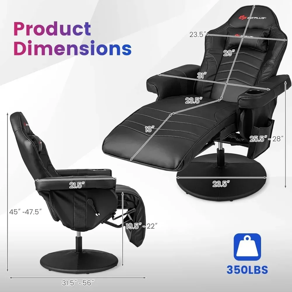 Height Adjustable Massage Video Game Chair with Retractable Footrest, Cup Holder, Headrest, Swivel Office Chair