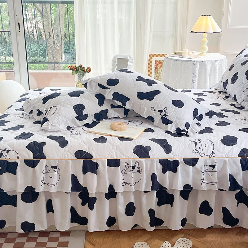 Milk Cow Brushed Macrame Bed Skirt Set, Quilting All Seasons Universal Non-slip Bedding Set, for Bedroom Guest Room Dorm Hotel