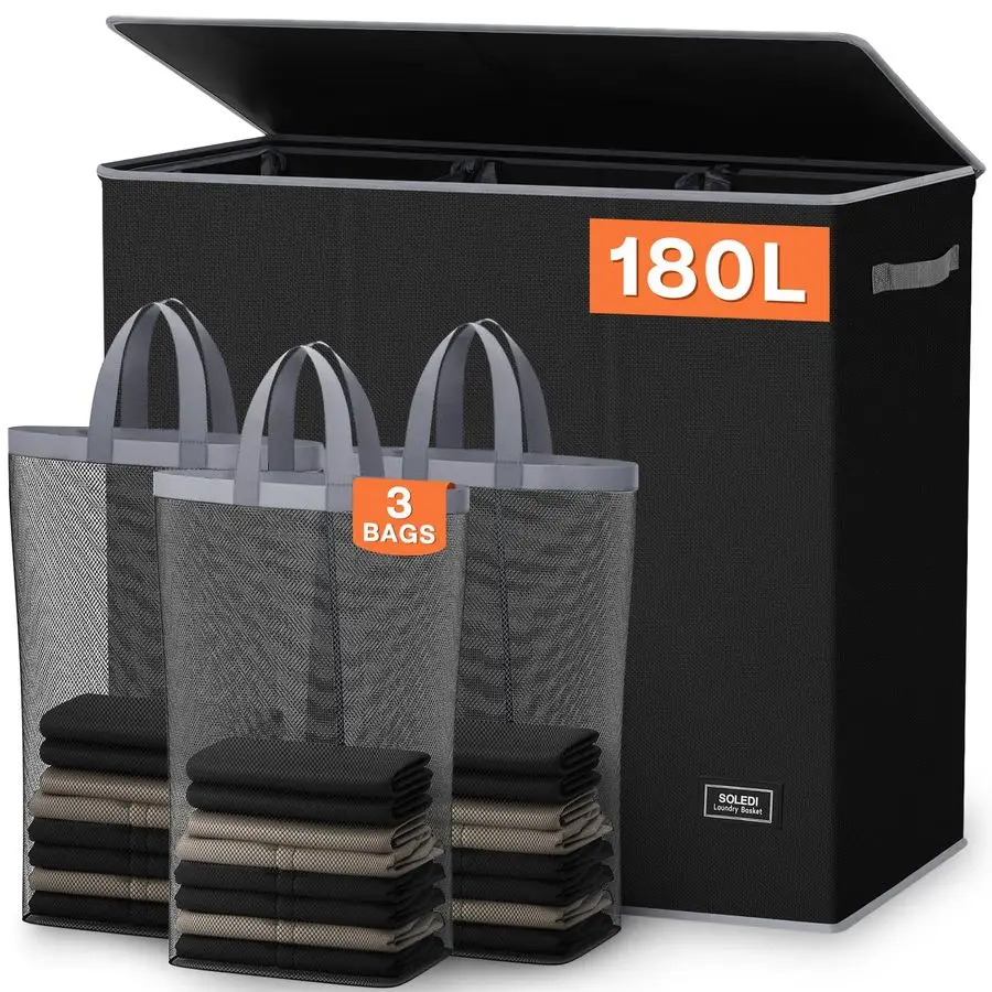

180L Laundry Hamper 3 Section, Extra Large Laundry Hamper with Lid, Dirty Clothes Hamper with Sturdy Handle, Large Laundry Baske