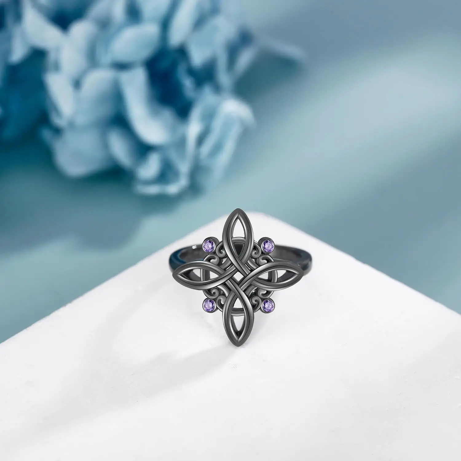 Women's Black Witch Knot Ring, 925 Silver Plated Zircon