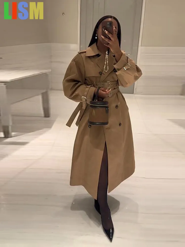 

LISM Elegant Double Belt Women LONG Windbreaker Casual Khaki Long Sleeve Lapel Button Female Jacket 2025 Winter Lady Streetwear