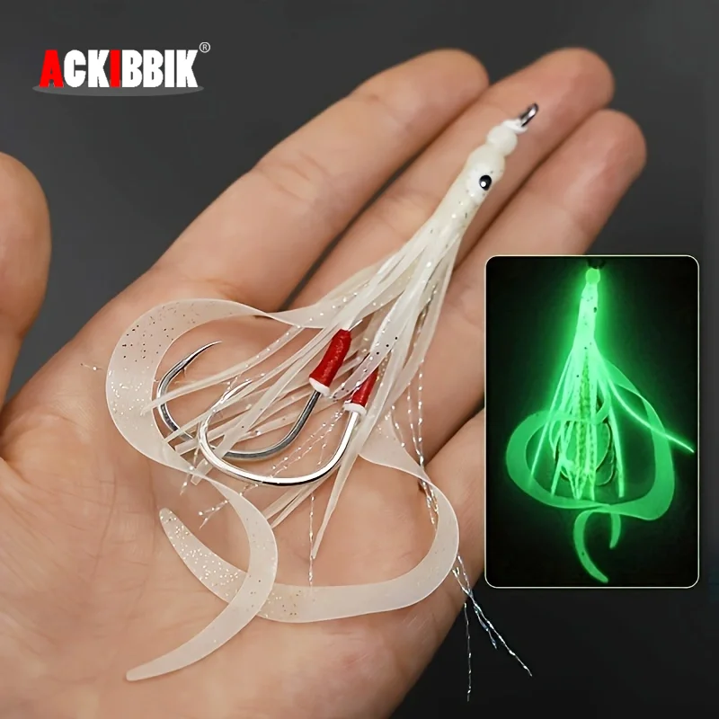 

Ackibbik 1pc Glow Silicone Squid Skirt Lure Saltwater Luminous Squid Lure with Jigging Assist Hooks Sea Fishing Trolling Bait