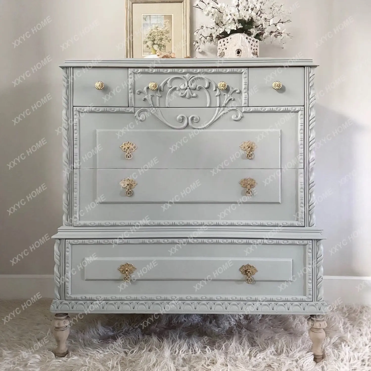 Retro carved solid wood four-chest cabinet, bedroom locker, light luxury drawer cabinet, old decorative storage cabinet