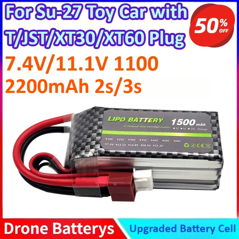 

7.4V/11.1V 1100/1500/2200mAh 2S/3S 30C Modle General-purpose RC Model Li-ion Battery for Su-27 Toy Car with T/JST/XT30/XT60 Plug