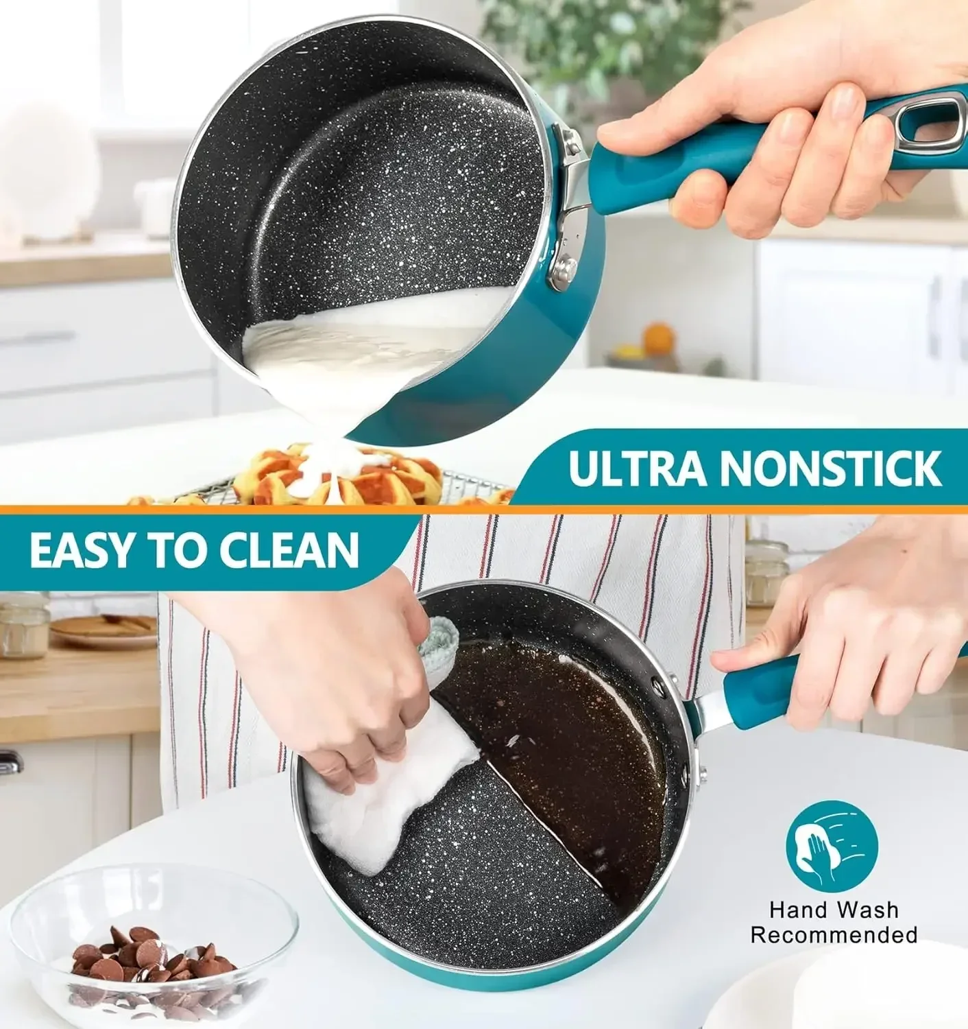 NEWSauce Pan Sets Enamel Sauce Pan with Lid Saucepans Nonstick Saucepan Set Non Stick Sauce Pots Silicone Handle Oven Safe-3 Pie