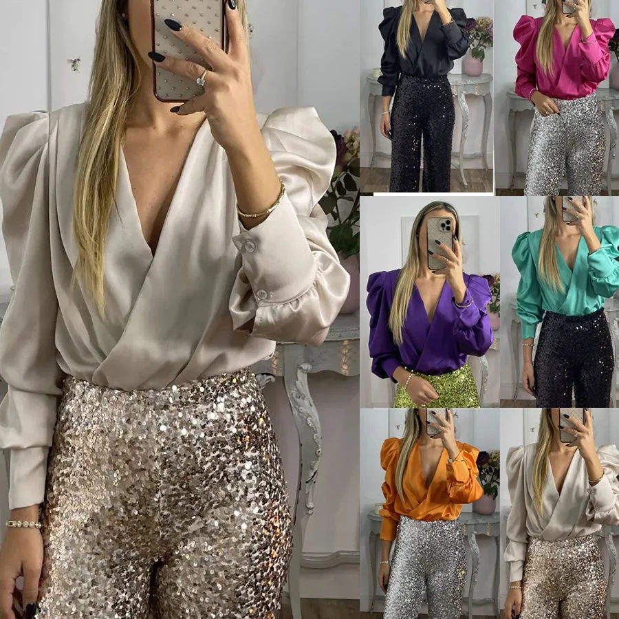 

Women Spring and Summer New Long-sleeved Loose Satin Shirt Casual Multi-color Party V Neck Fashion
