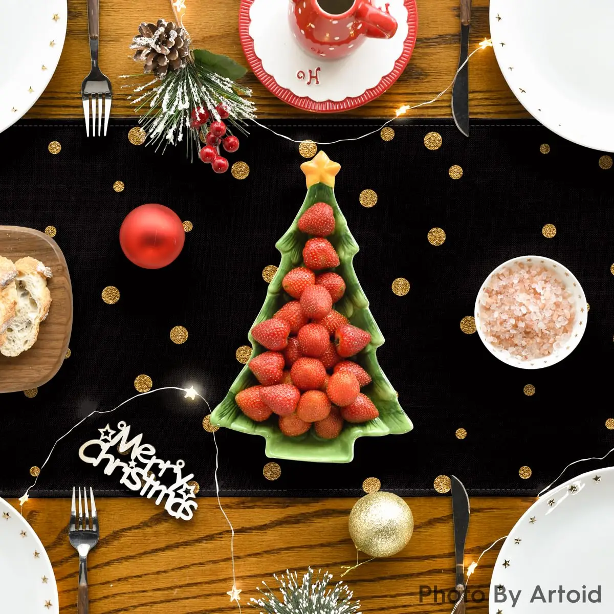 Artoid Mode Cheers باللونين الأسود والذهبي 2026، مفرش طاولة السنة الجديدة السعيدة، عيد الميلاد الشتوي عطلة المطبخ طاولة الطعام الديكور لـ Indo