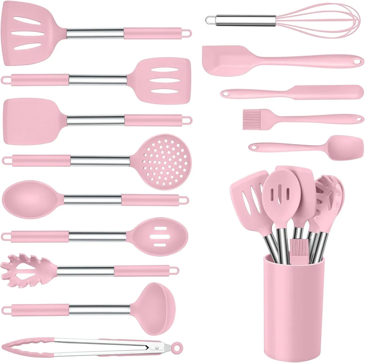 

Silicone Utensils Set, 15pcs Kitchen Cooking Utensils with Holder, Non-stick Cookware with Stainless Steel Handle, Ki