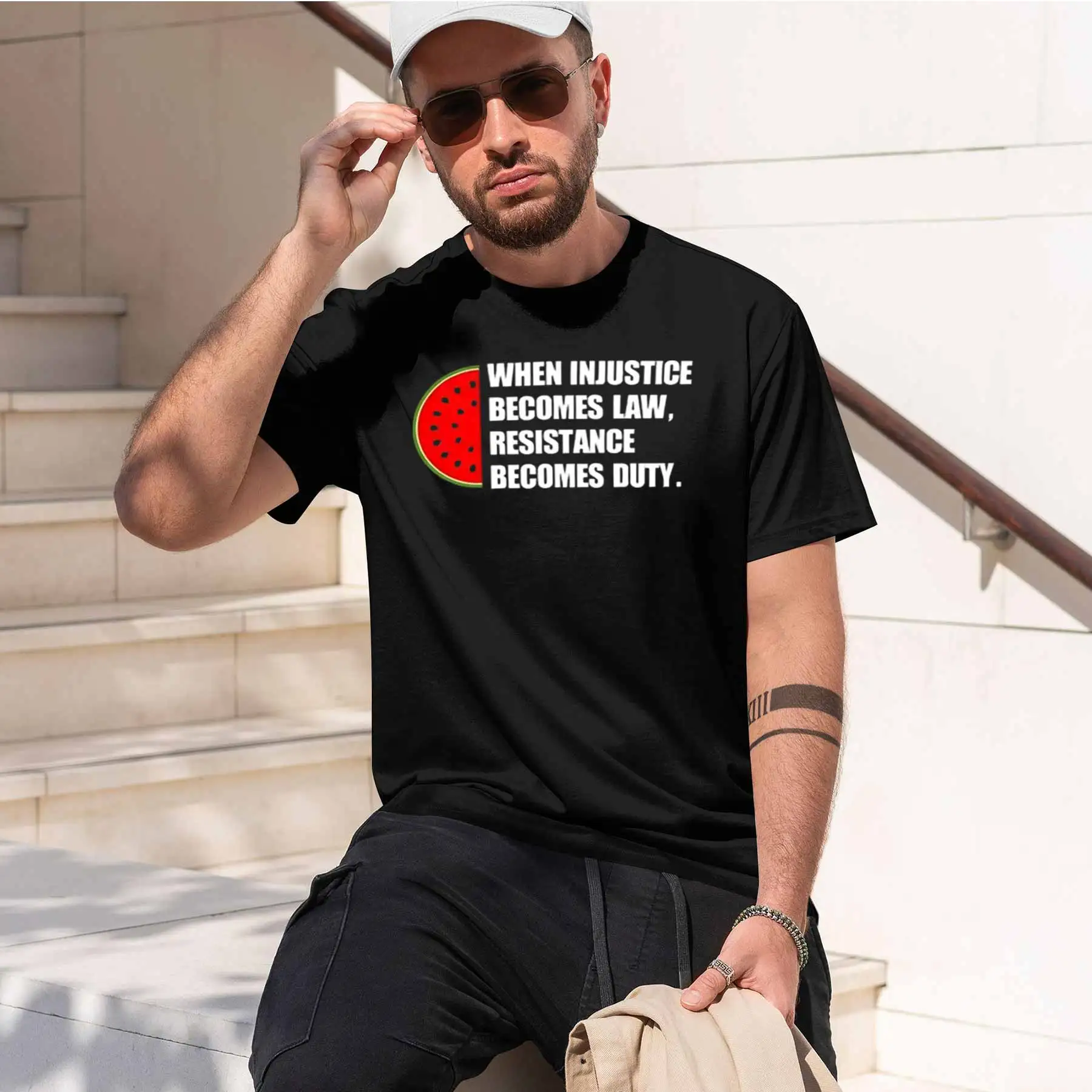 T-shirt imprimé pour hommes, avec imprimé pastèque, When Injustice Becomes Law Resistance Becomes Duty