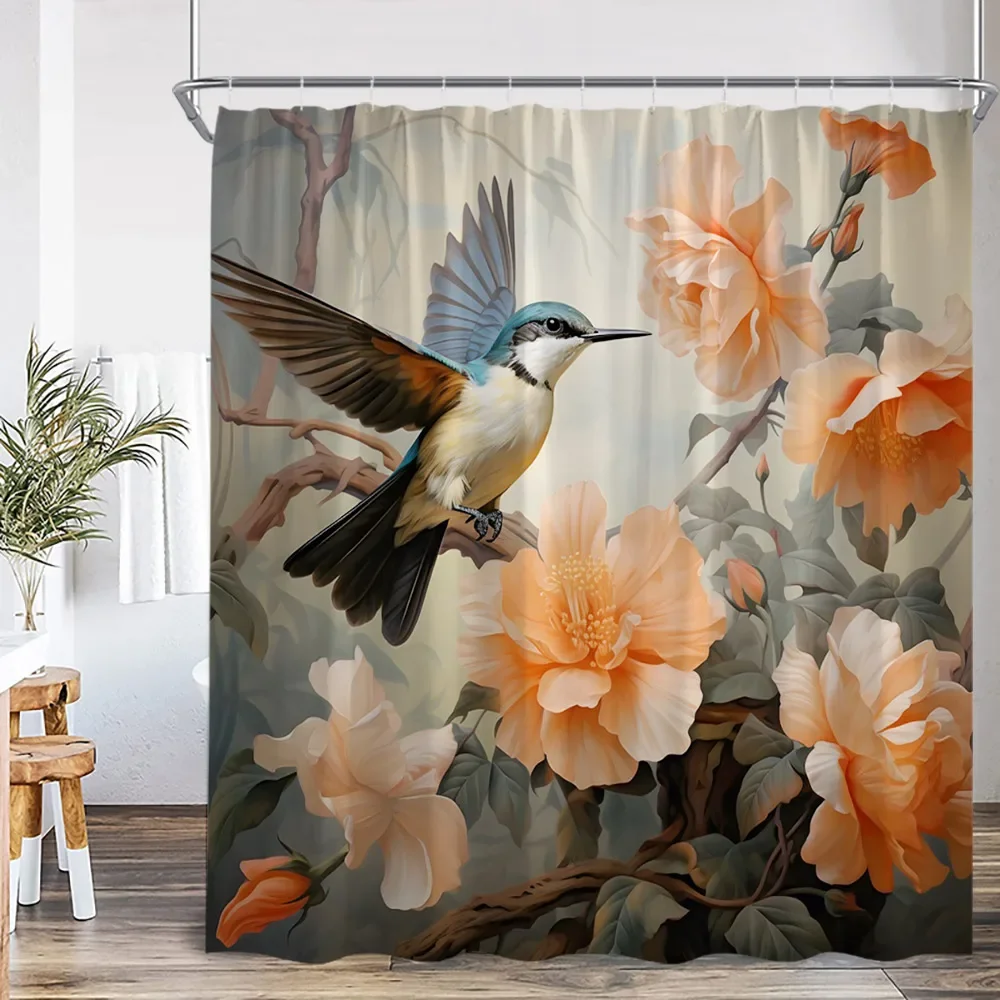 Bird Floral Shower Curtain Watercolor Hummingbird Flower Spring Summer Bathtub Curtain with Hook Modern Home Decor for Bathroom