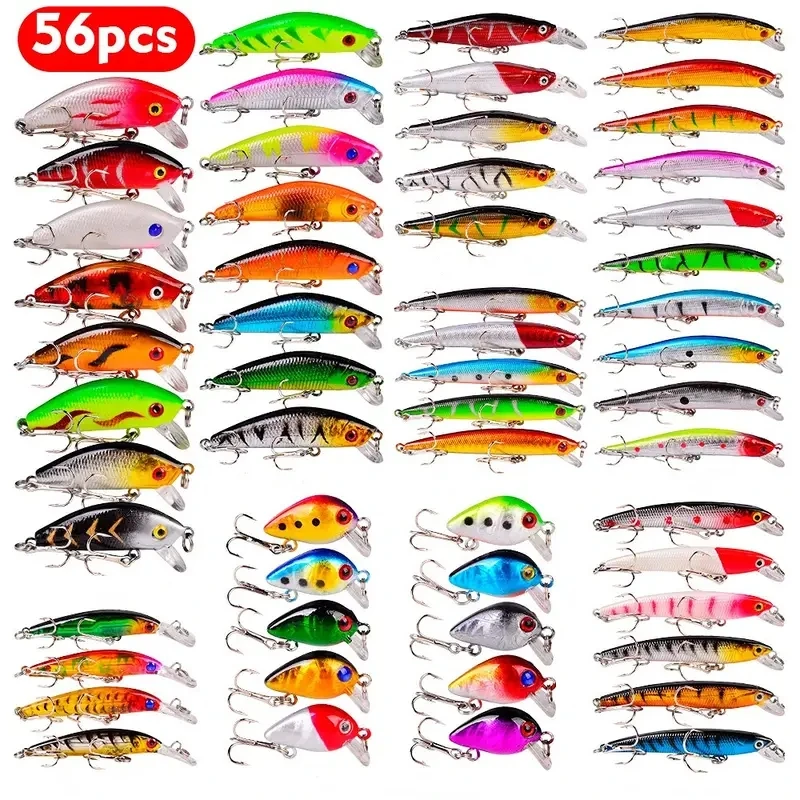 56pcs/lot Almighty Mixed Fishing Lure Bait Set With Hooks, Wobbler Crankbaits Swimbait Minnow Hard Baits, Spinners Carp Fishing