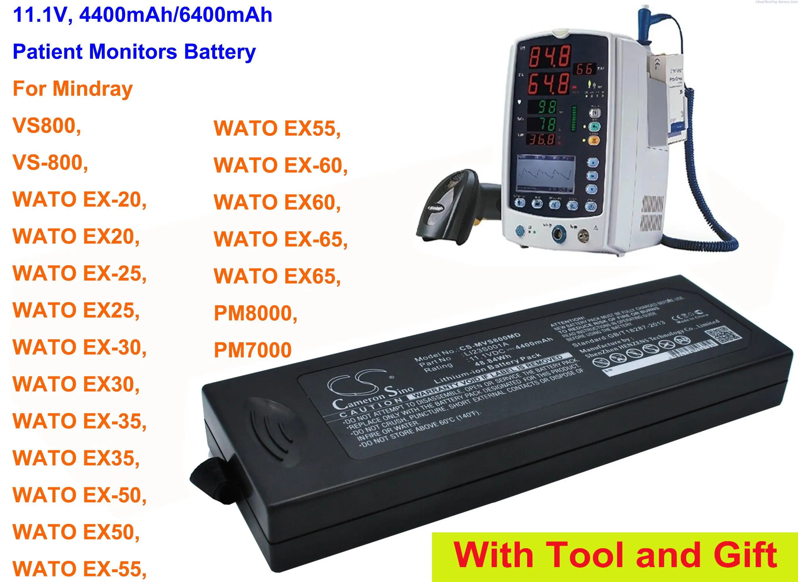 

Cameron Sino 4400mAh/6400mAh Patient Monitor Battery for Mindray WATO EX50, EX-60, EX60, EX-65, EX65, PM8000, PM7000