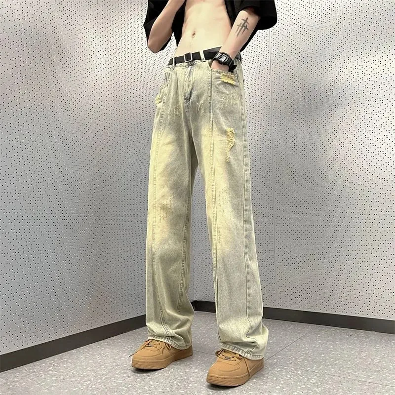 Jeans Men Spring Summer Ripped Y2K Straight Pants High Street Button Pocket Mid-waist Trousers A174