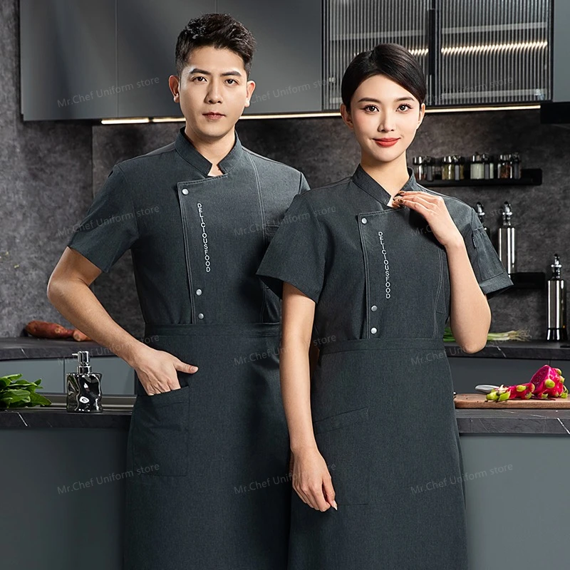 Kitchen Breathable Chef Coat Summer Men Black Chef Uniform Apron Restaurant Short Sleeve Chef Shorts Jacket Work Clothes Logo