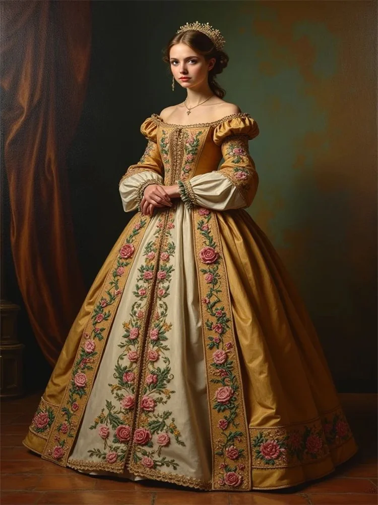 

Medieval Vintage Victorian Prom Dress Off-Shoulder Long Sleeves Evening Floral Dress French Royal Court Ball Gown
