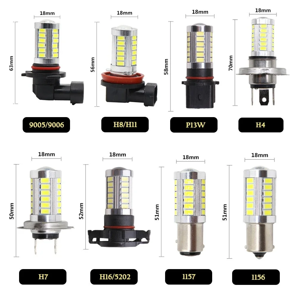 2x Żarówki LED do świateł przeciwmgielnych samochodowych H11 33 SMD H16 H9 H8 H16 5202 P13W 6000K Białe Światła Jazdy Dziennej Samochodowe Przednie Lampy LED 12V