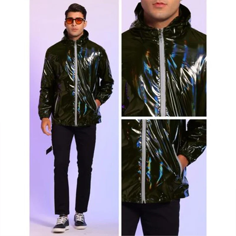 Men Laser Patent Leather Long Sleeve Hat Overcoat Male Shiny PU Outwear With Pockets New Chic Casual Entertainment New Custom