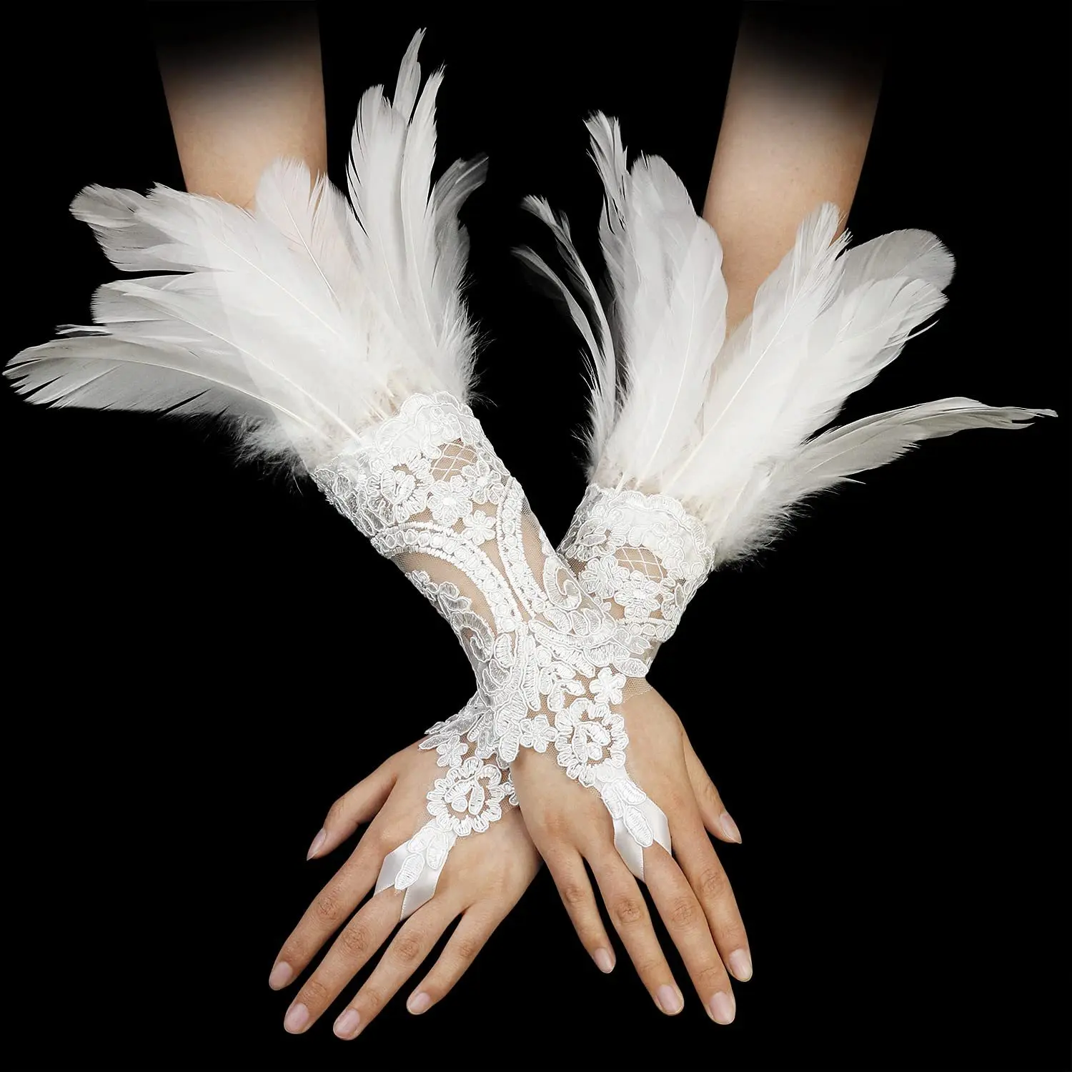 Middle Ages Lace Feather Long Gloves Gothic Mesh Cuffles Halloween Wedding Party Hook Finger Embroidered  White Gloves Female