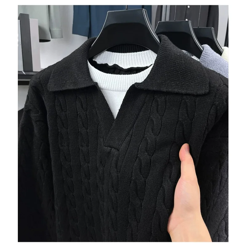 Retro Fake Two-piece Lapel Sweater Men's Autumn Winter Loose Warm Twist Knitted Casual Sweaters Pullover Knitwear Tops XXXL Grey