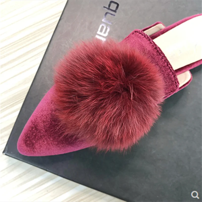 Lady 2023 New Corduroy Velvet Ball Slides Pointy Toe Shallow Mouth Green Grey Slippers No Heels Flats For Narrow Feet 32-44 27cm