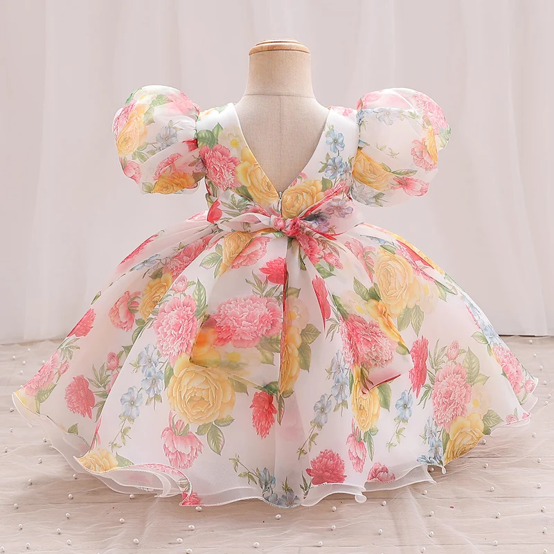 Toddlers flower handle mesh bubble sleeve short Princess dress back V-bow adorn sweet holiday Wind Seaside camping #M139