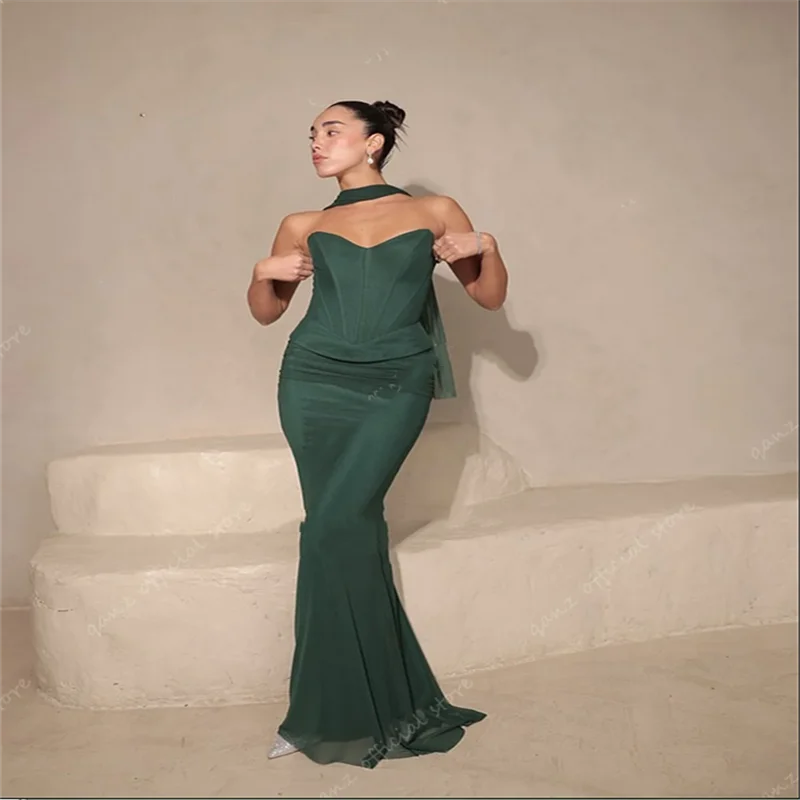 

Dark Green Elegant Chiffon Prom Dresses Mermaid Modst Vestidos De Fiesta Strapless Corset back Robe De Soirée Women Customized
